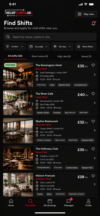 The Find Shifts screen in the Relief Chefs UK app