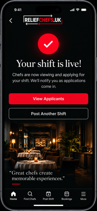 The app confirming a client's shift is live, with a button to view applicants