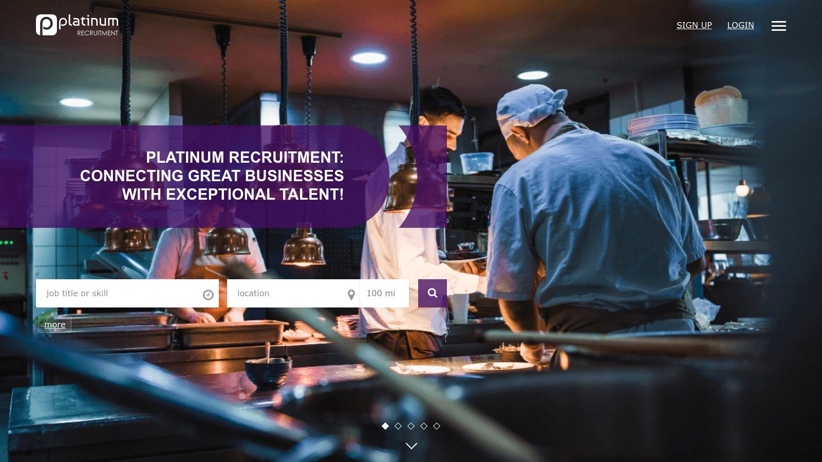 Platinum Recruitment (Platinum Hospitality) website showing chefs working in a professional kitchen.