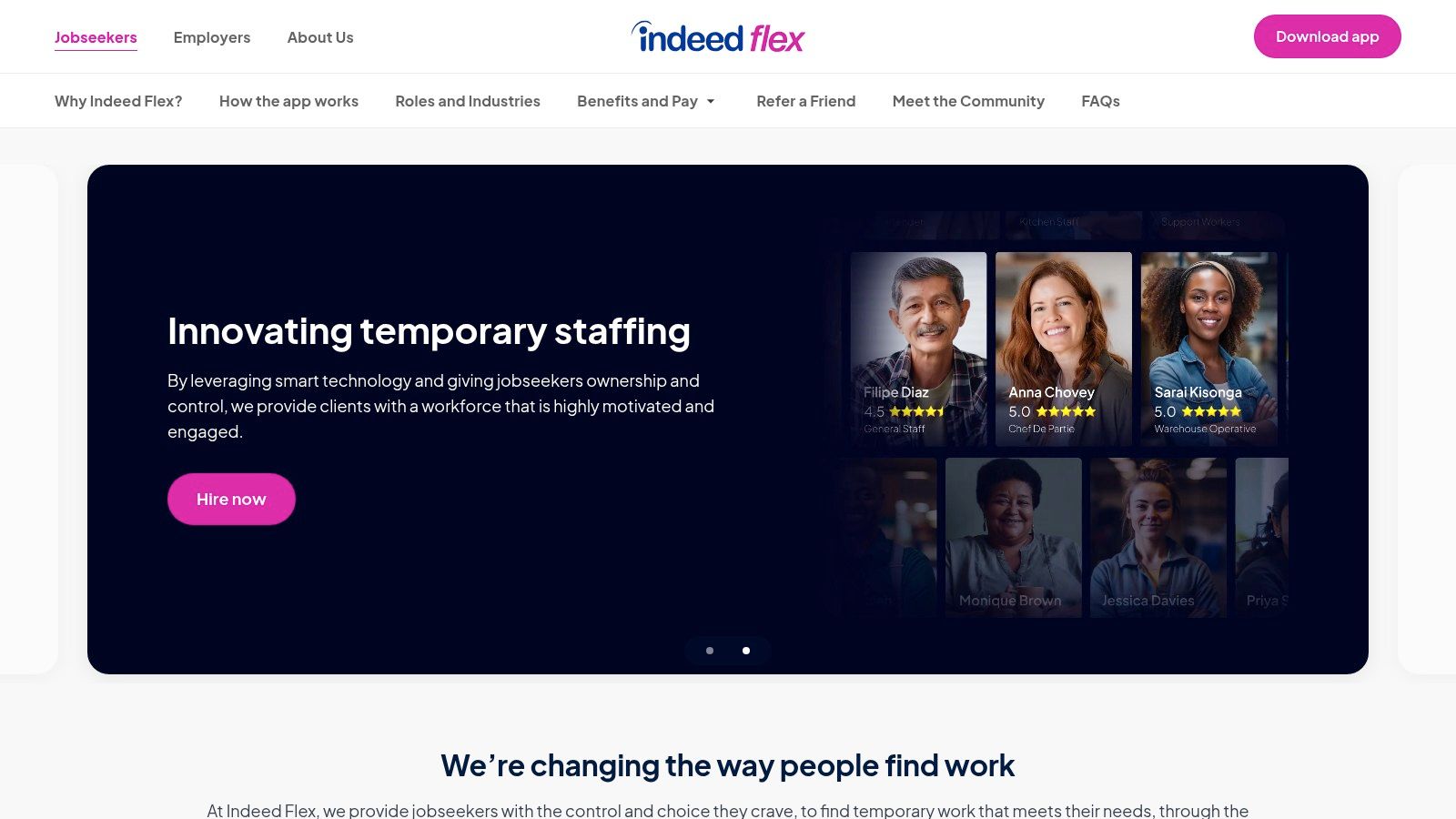 The Indeed Flex app interface displaying a list of available staff with their profiles and ratings.