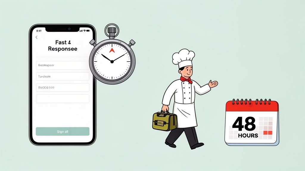 A chef with a briefcase, a smartphone for fast response, a stopwatch, and a calendar showing 48 hours.