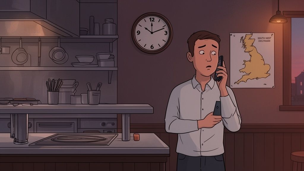 A concerned man talking on the phone in a dimly lit kitchen with a map and clock.