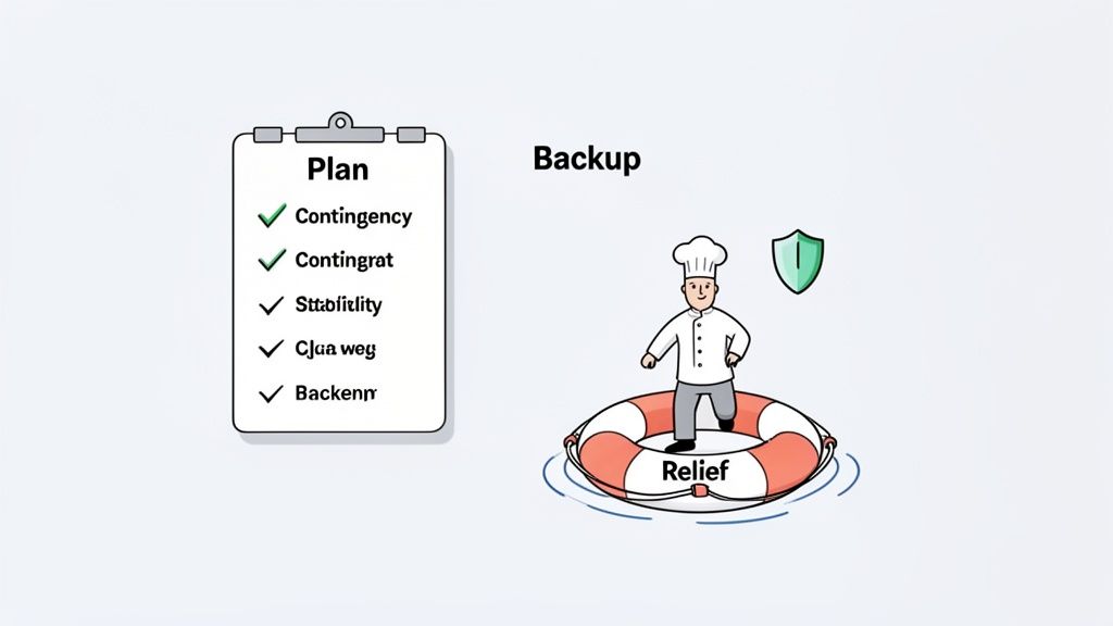 Cartoon showing a 'Plan' checklist, 'Backup' text, and a chef on a 'Relief' lifebuoy, symbolizing support.