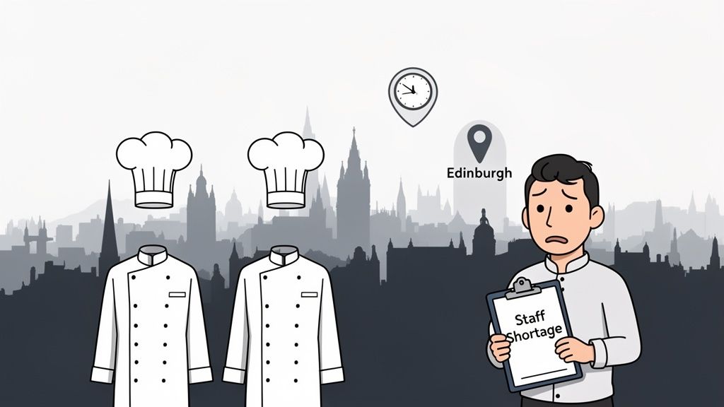 Worried chef holding a 'Staff Shortage' clipboard, with chef uniforms, hats, and Edinburgh location.