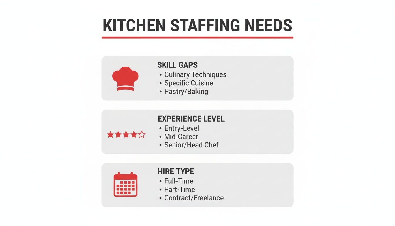 Infographic outlining kitchen staffing needs, categorizing skill gaps, experience levels, and hire types.