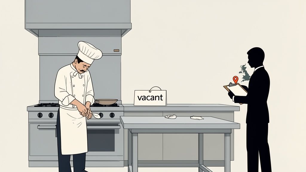 A chef in a kitchen, a 'vacant' sign, and a man with a UK map, symbolizing job searching.