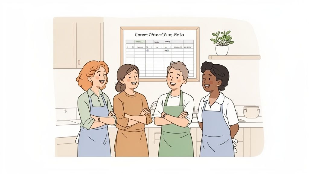 Four diverse kitchen staff in aprons smiling, standing together in a bright kitchen.