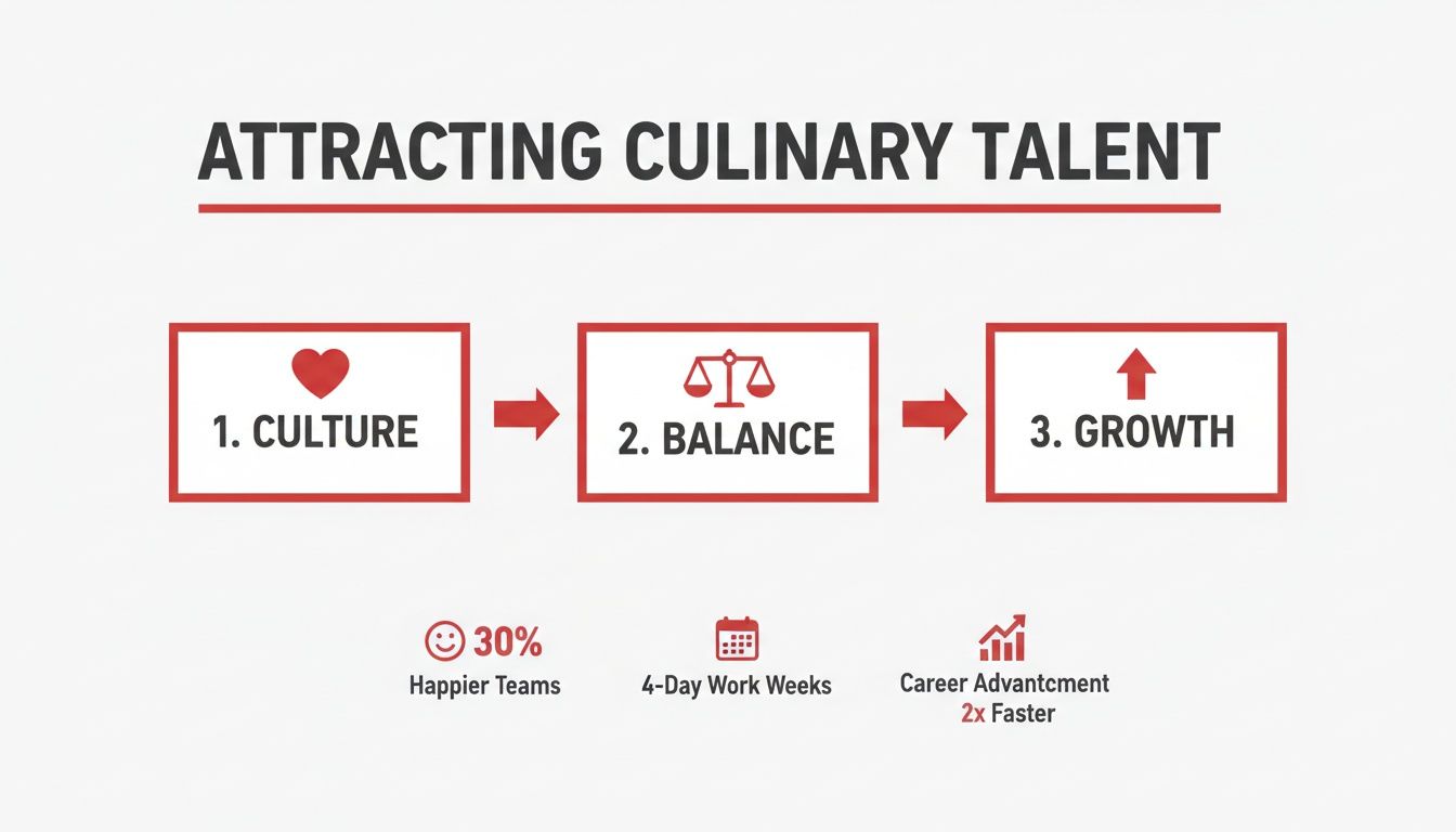 Flowchart illustrating three steps to attract culinary talent: culture, balance, and growth, with benefits.