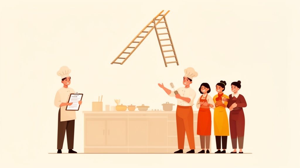 Cartoon illustration of chefs and kitchen staff in a kitchen with ladders floating above them.