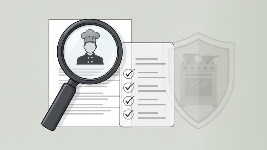 Magnifying glass over a chef's profile and document, next to a completed checklist and a kitchen safety shield.
