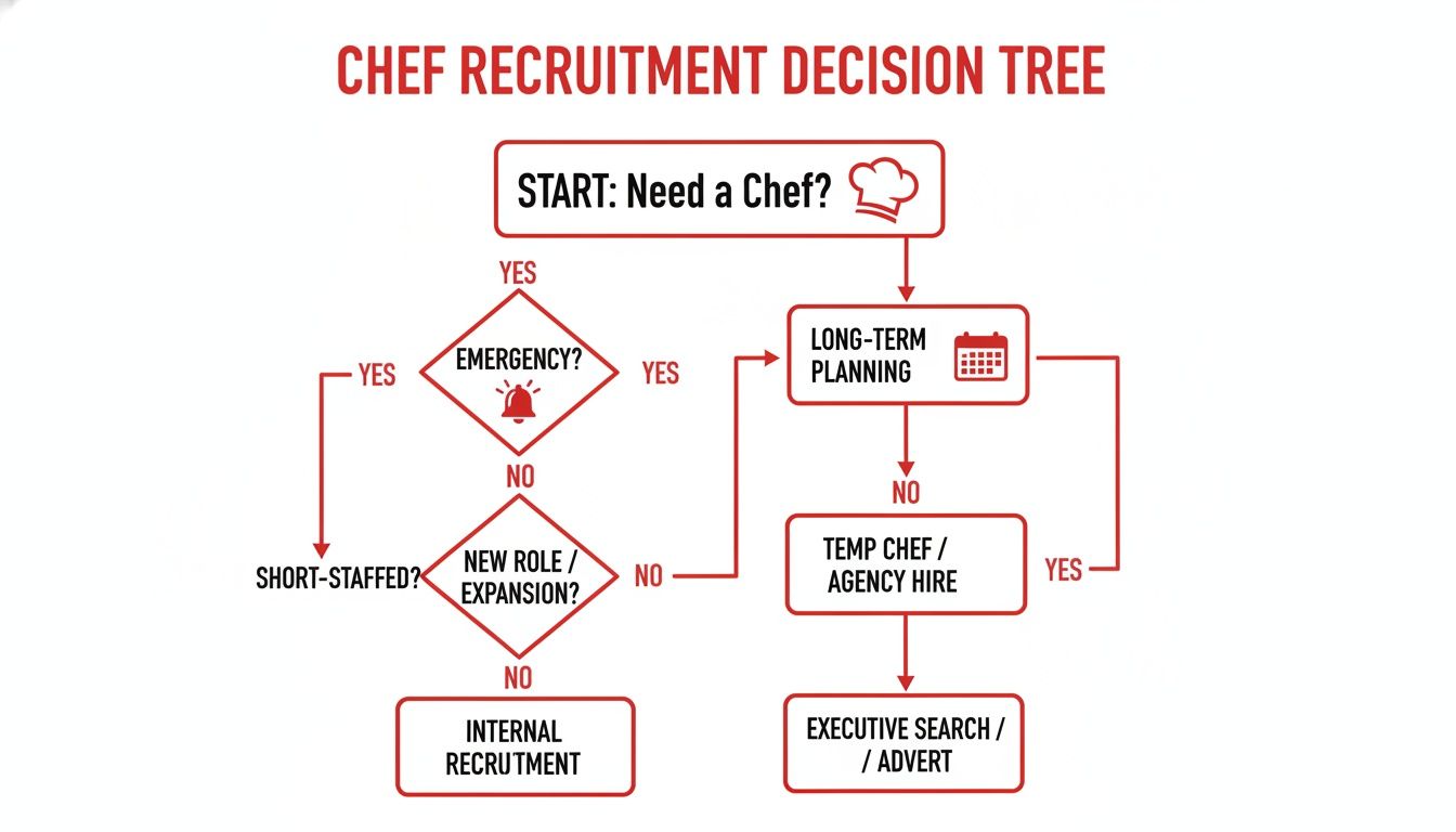 Flowchart showing a chef recruitment decision tree, outlining steps for hiring based on urgency and planning.