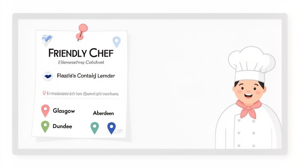 A friendly cartoon chef illustration alongside a pinned note detailing Scottish cities like Glasgow and Dundee for recruitment.