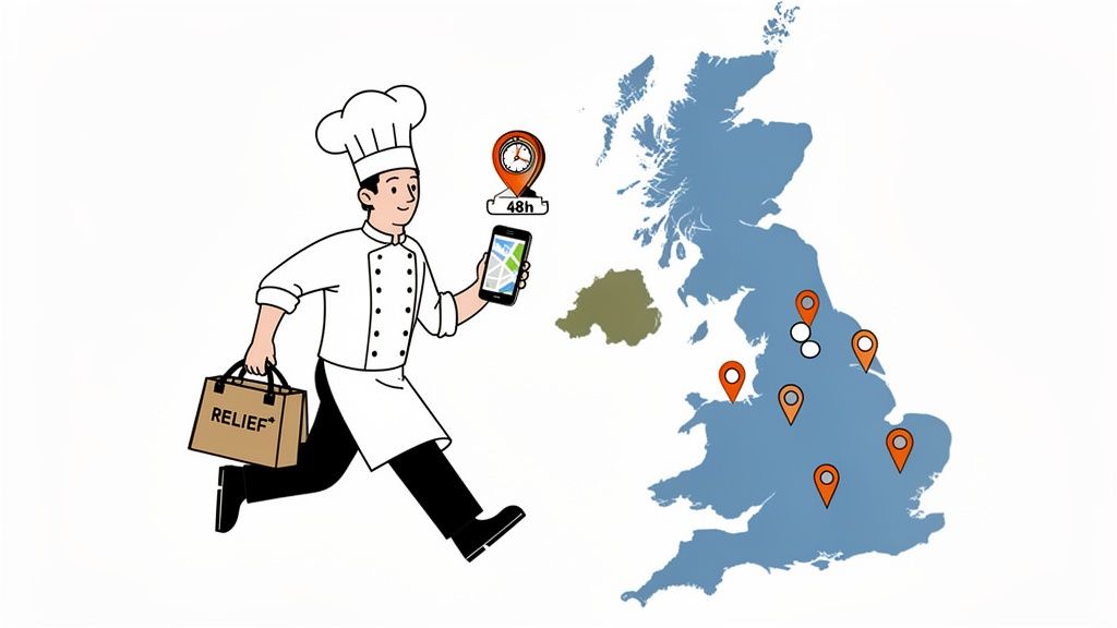 A running chef carrying a 'RELIEF' bag and phone, targeting multiple locations on a UK map within 48 hours.