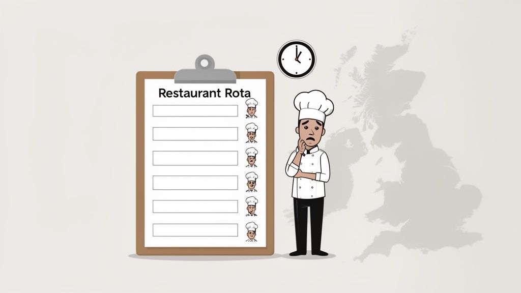 A worried chef stands next to an empty restaurant rota clipboard with a clock and UK map.