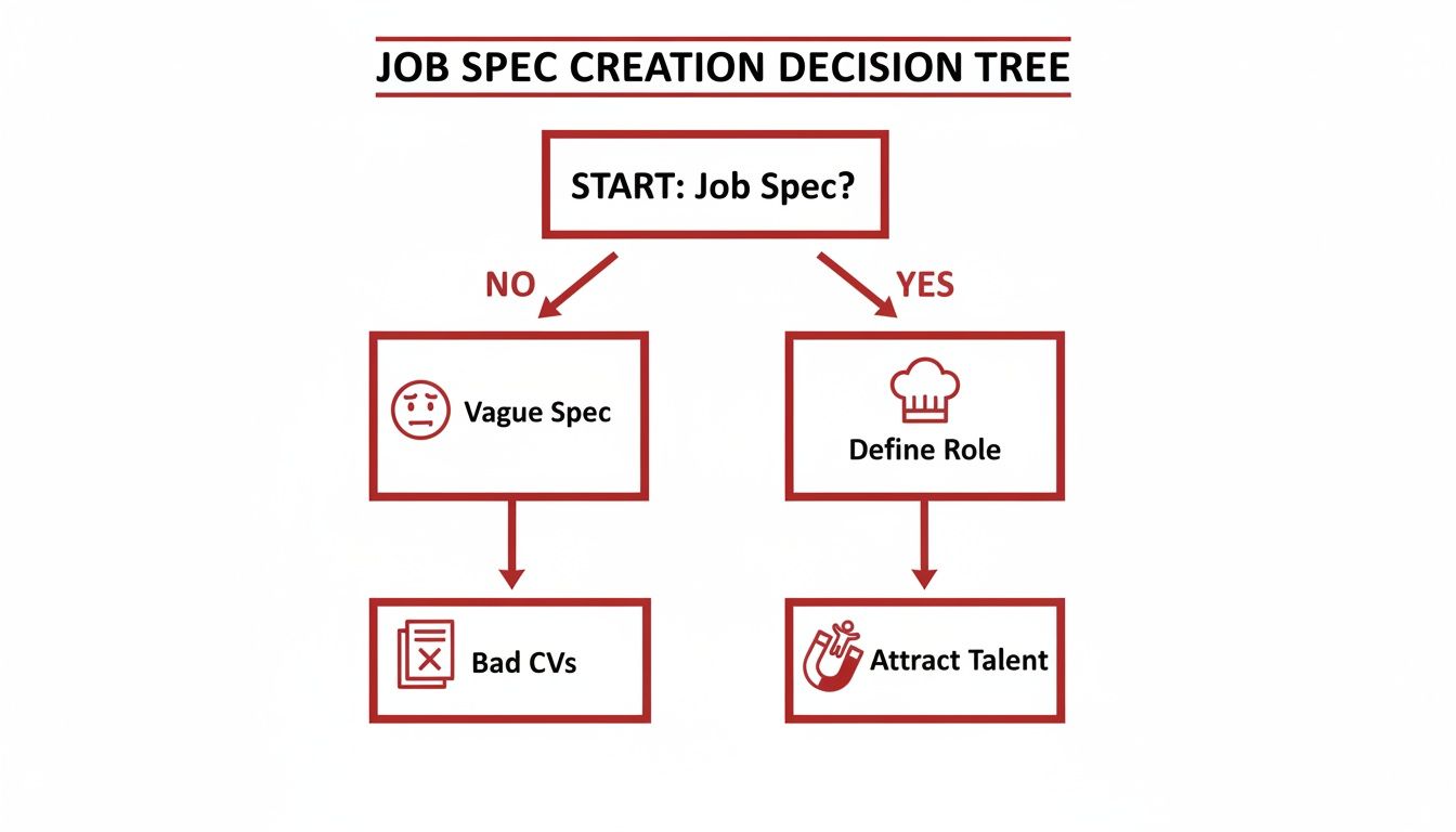 Decision tree illustrating how job specification impacts attracting talent and CV quality.