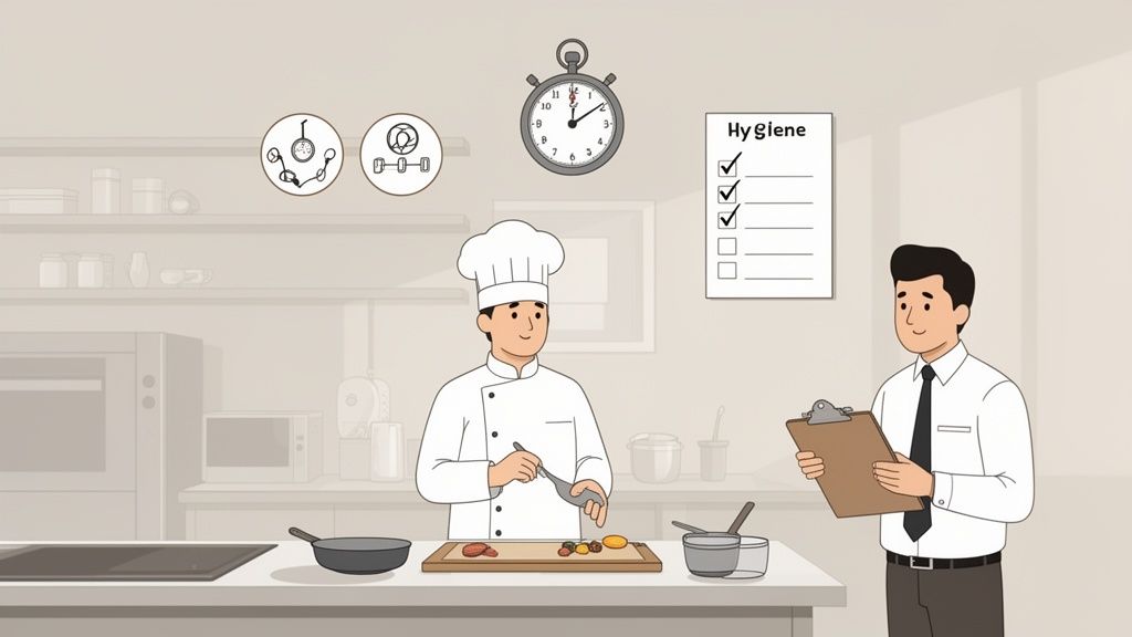 A chef prepares food in a professional kitchen as an inspector reviews a hygiene checklist.