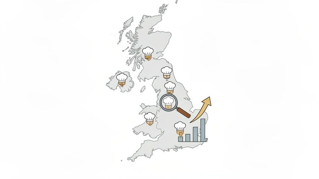 UK map illustrating chef recruitment and growth trends, with chefs visible across regions.