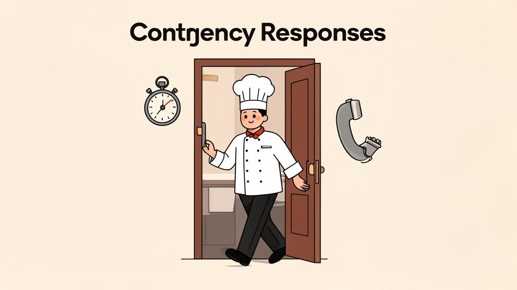A cartoon chef in uniform emerges from a door, flanked by a stopwatch and telephone, illustrating contingency responses.