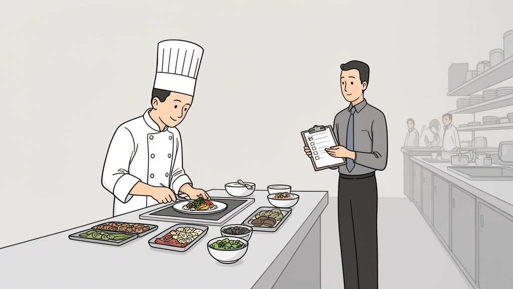 A chef plates food with various ingredients on display, overseen by a manager with a checklist.