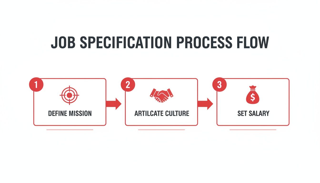 A flowchart illustrating the job specification process with three steps: define mission, articulate culture, and set salary.