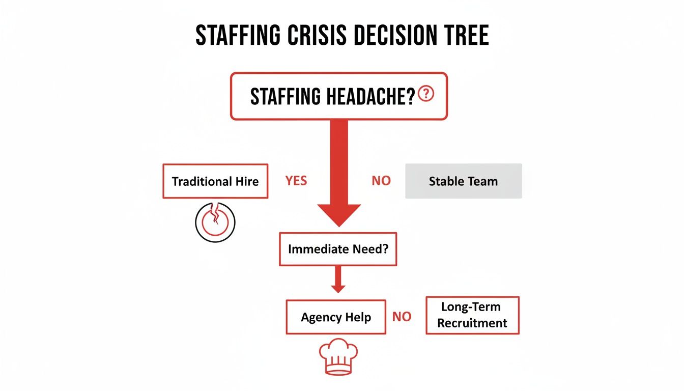 A decision tree diagram for managing a staffing crisis, showing options for immediate and long-term hiring needs.