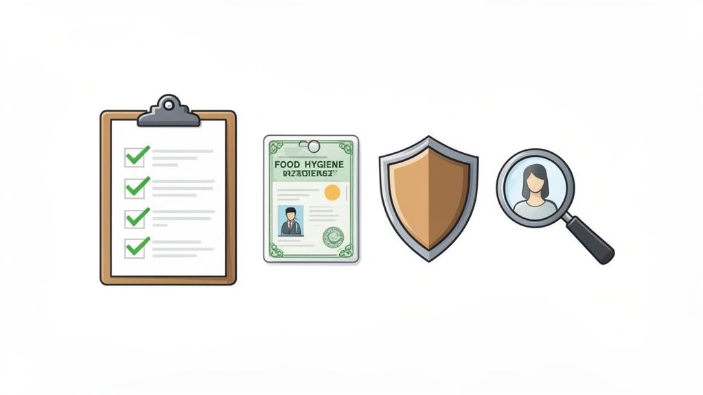 Icons of a checklist, food hygiene certificate, shield, and magnifying glass with a person.