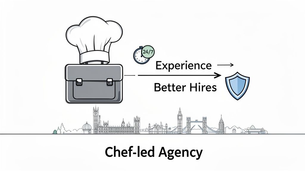 Chef-led agency delivers experienced, better hires, shown with a hat, briefcase, 24/7 clock, shield, and London skyline.