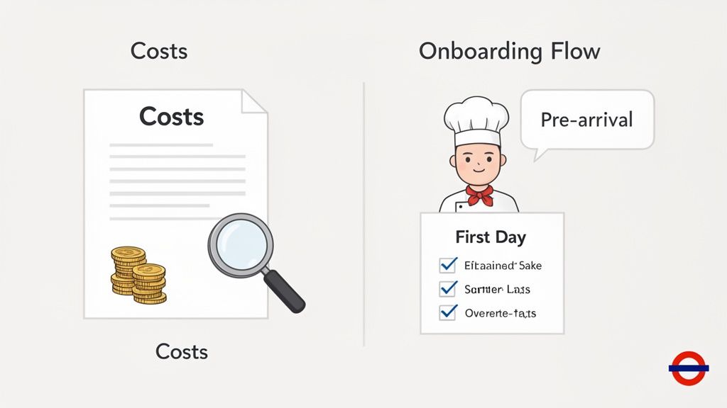 Illustration contrasting 'Costs' with a document, coins and magnifying glass, and 'Onboarding Flow' with a chef and checklist.