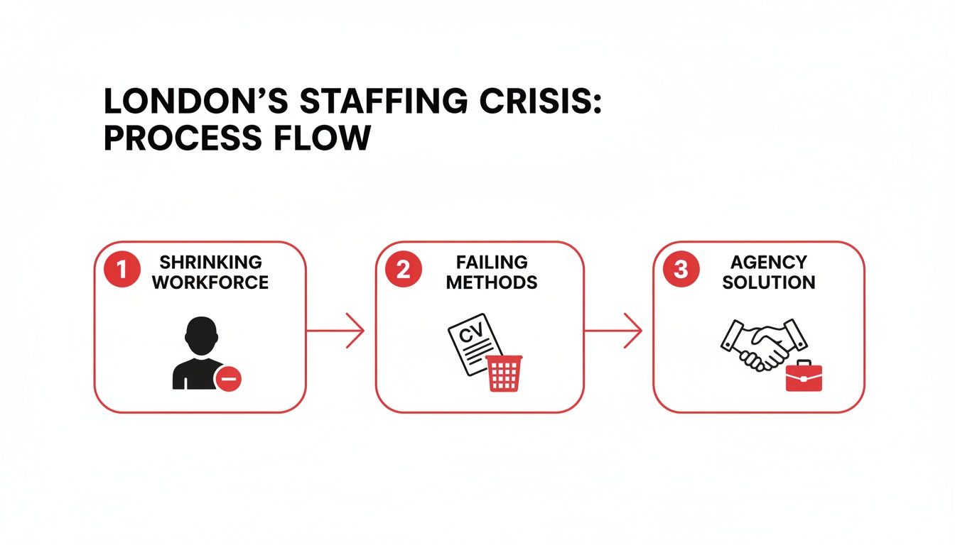 A process flow diagram illustrating London's staffing crisis, from shrinking workforce and failing methods to agency solutions.