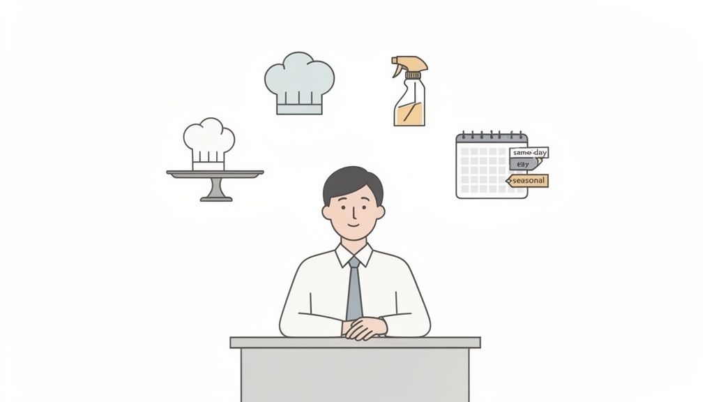 A smiling man sits at a desk, surrounded by icons representing chef, cleaner, and a calendar for flexible staffing options.