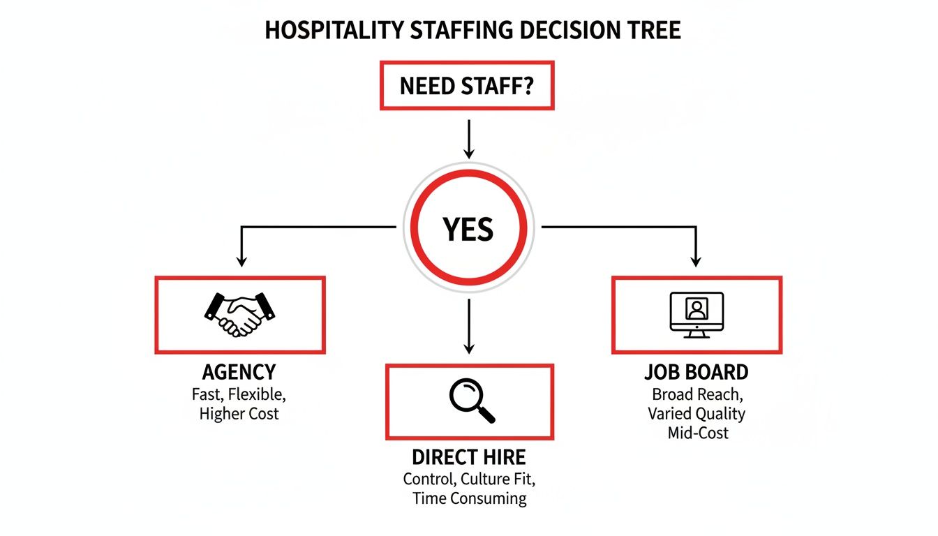 Hospitality staffing decision tree showing options: agency, direct hire, and job board with pros and cons.