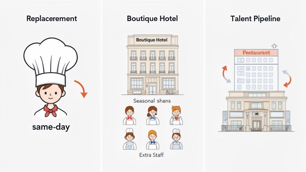 Illustrations depict hospitality staffing solutions: same-day chef replacement, seasonal hotel staff, and a talent pipeline.