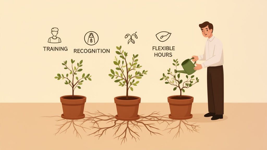 Illustration of a man watering plants symbolizing employee growth through training, recognition, and flexible hours.