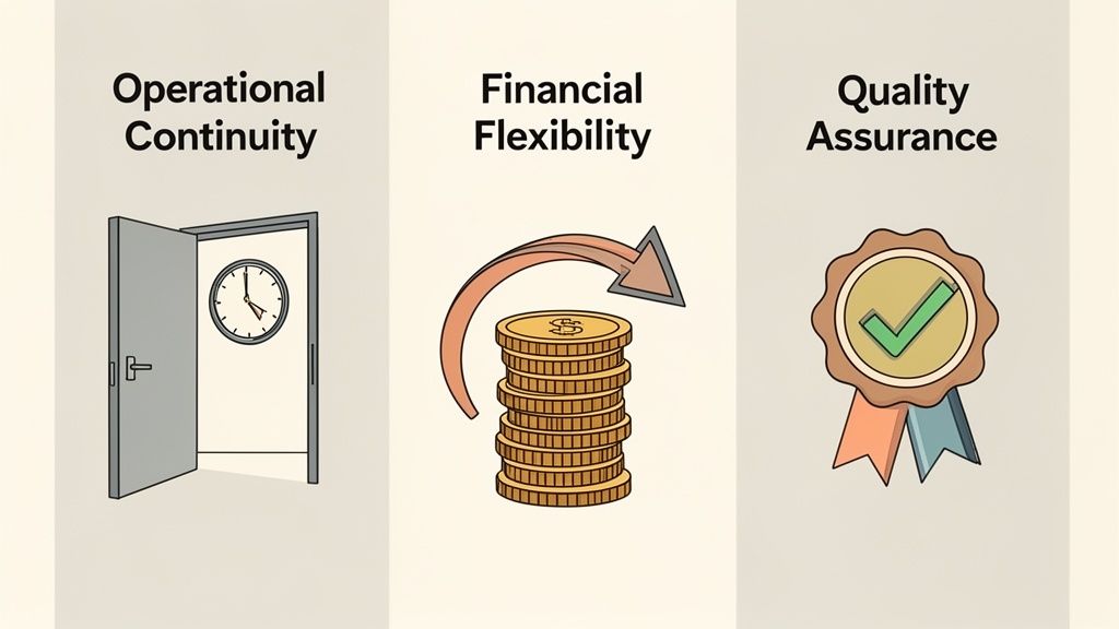 Three illustrated concepts: operational continuity with a clock, financial flexibility with coins, and quality assurance with a medal.