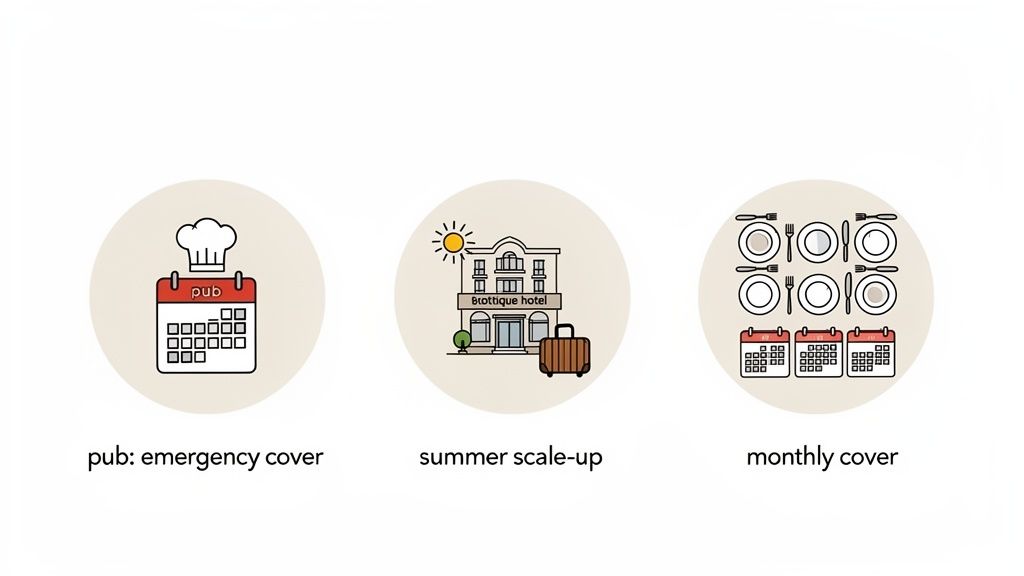 Three icons illustrating hospitality staffing solutions for pubs, hotels, and dining, including emergency, seasonal, and monthly cover.