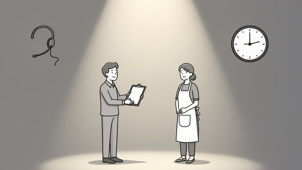 Illustrated scene of a male manager and female worker, symbolizing hospitality staff training and time management.