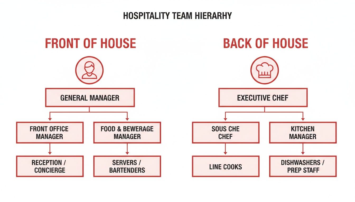 Hospitality team hierarchy chart detailing front of house and back of house staff roles and reporting structure.