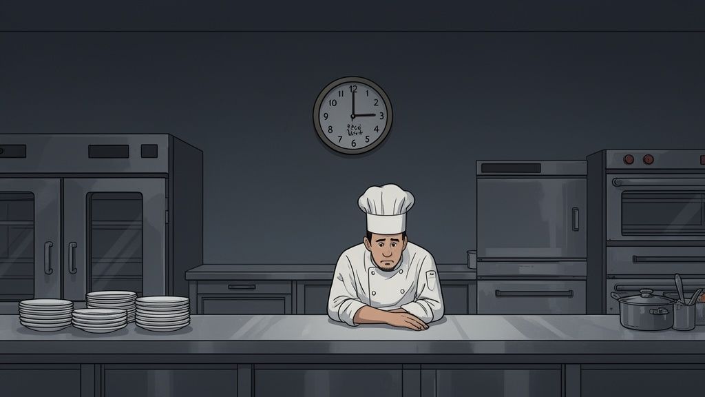 A weary chef sits at a counter in a dim, empty commercial kitchen, clock showing 3 AM.