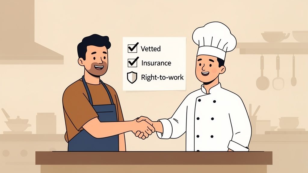 Cartoon of a chef and a man in an apron shaking hands, highlighting professional qualifications.
