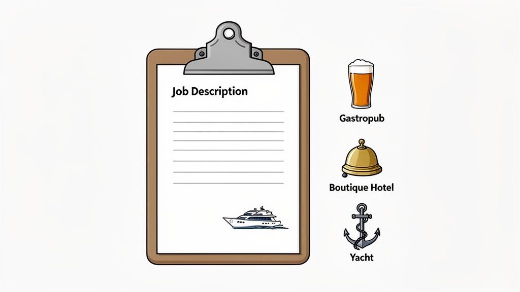 A job description on a clipboard with icons representing a gastropub, boutique hotel, and yacht.