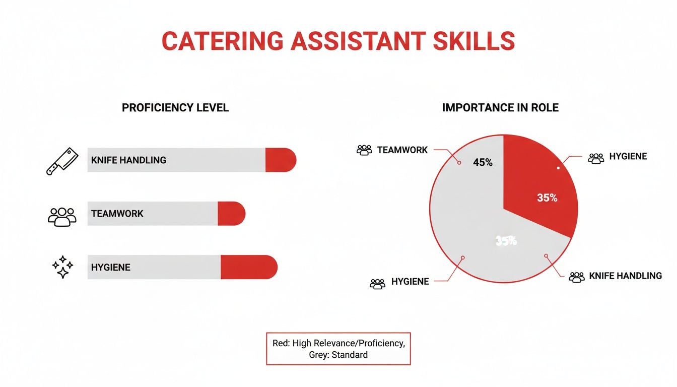 Catering assistant skills chart showing proficiency levels and importance in role for knife handling, teamwork, and hygiene.
