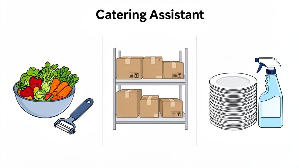 Illustration showing tasks of a catering assistant: vegetable prep, inventory management, and dish cleaning.