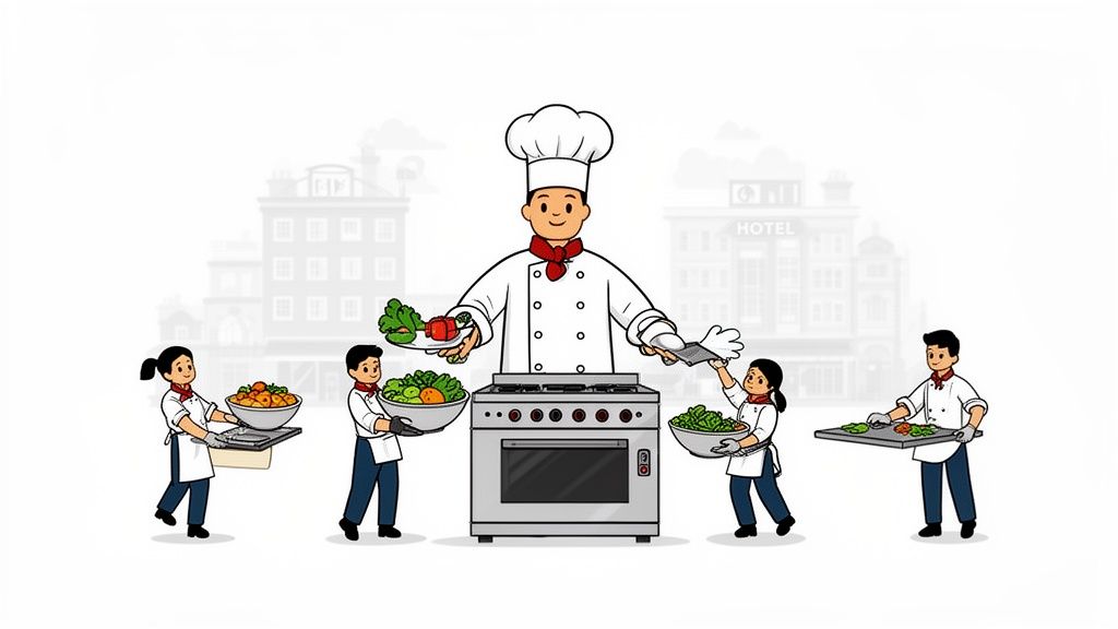 Cartoon illustration of a team of chefs preparing food around a large chef and a stove.
