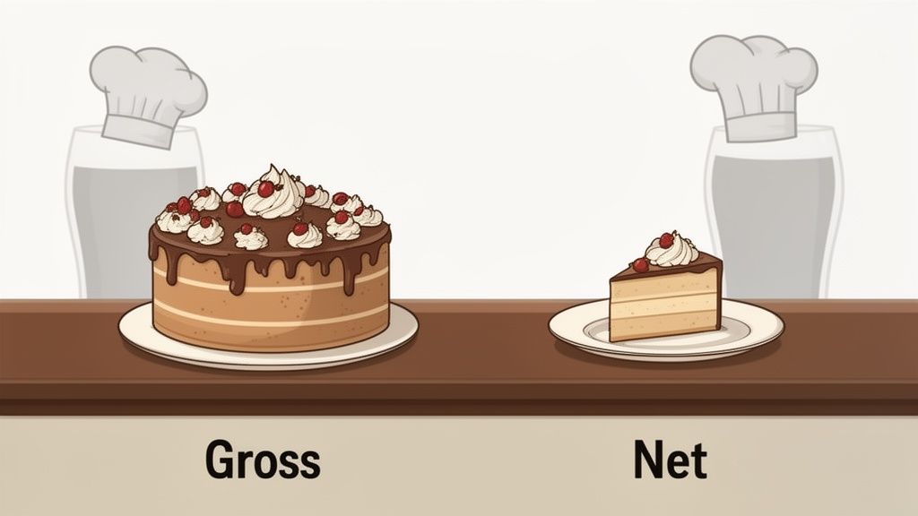 An illustration comparing a whole cake labeled 'Gross' with a single slice labeled 'Net' on a table.