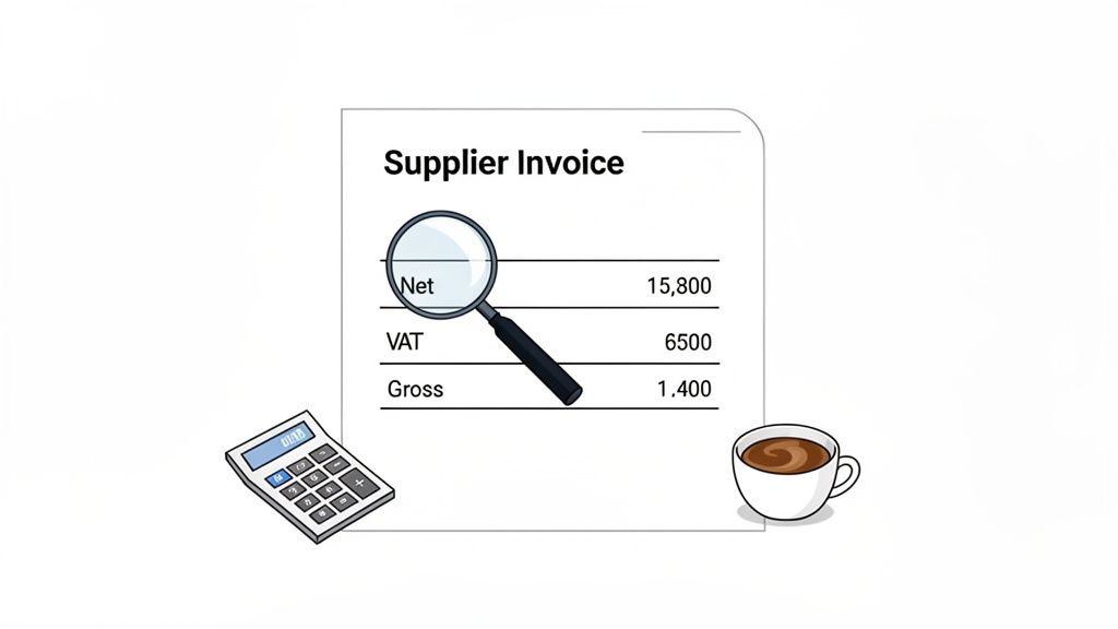 A magnifying glass inspecting a supplier invoice with net, VAT, and gross values, a calculator, and coffee.