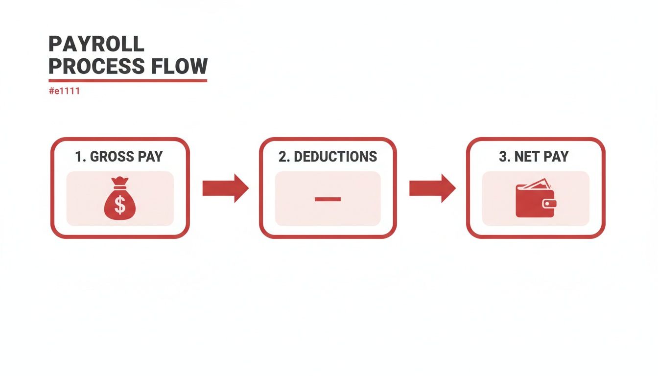 A flowchart illustrating the payroll process from Gross Pay, through Deductions, to Net Pay.