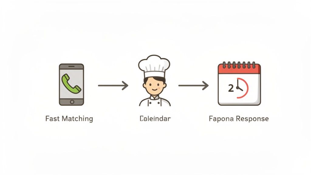 A process diagram showing fast phone matching, a chef, and a calendar for rapid response.
