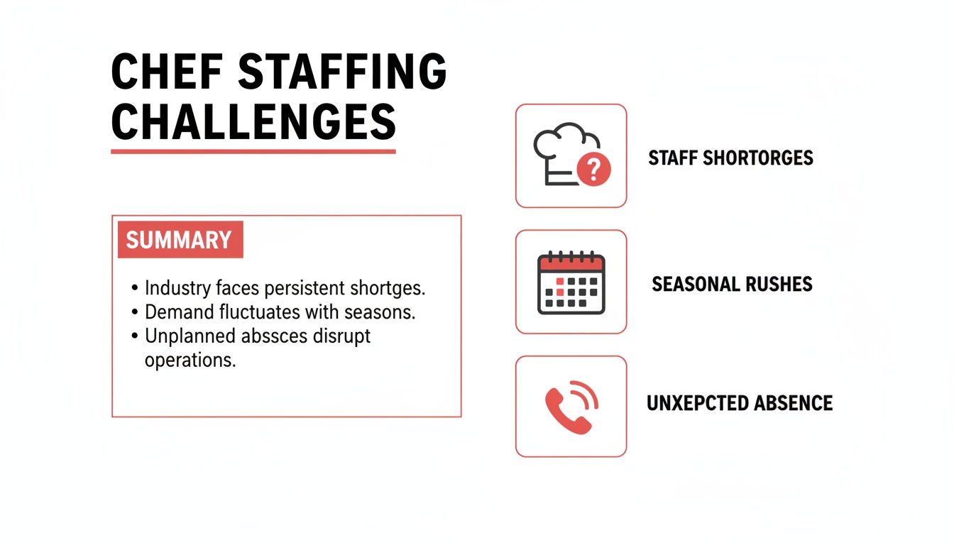 Infographic illustrating chef staffing challenges: staff shortages, seasonal rushes, and unexpected absences in the industry.