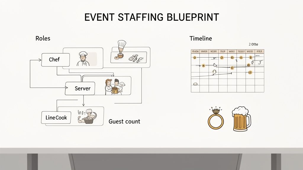 Blueprint for event staffing, detailing roles, a timeline, and icons for wedding and party events.