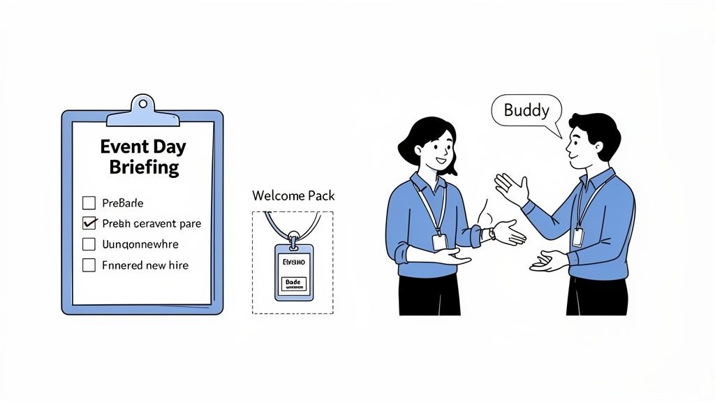 Illustration of event day briefing checklist, welcome pack with ID, and two colleagues discussing a buddy system.